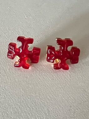 Tory Burch Roxanne Azure Jade Red Large Stud Earrings size .625”